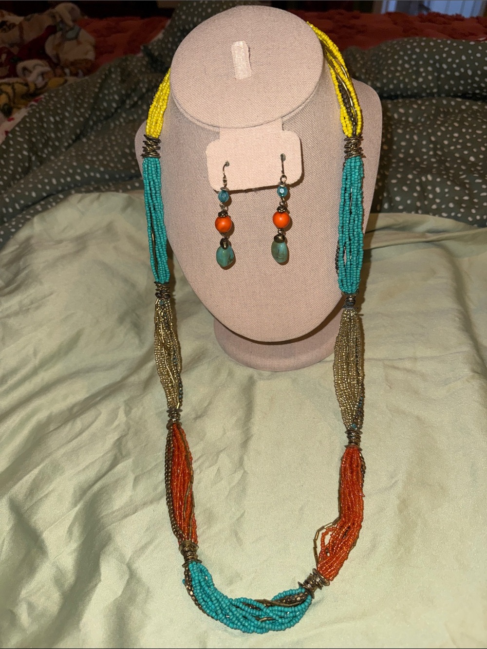 Multicolor Beaded Necklace and Earring Set - Turquoise, Orange, Yellow